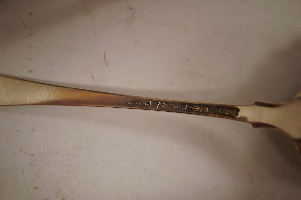 A pair of George III silver feather edge Old English pattern sauce ladles, with shell bowls, London, 1771?, 17.6cm, together with a pair of George III Scottish silver toddy ladles, George Fenwick, Edinburgh, 1816, one ot